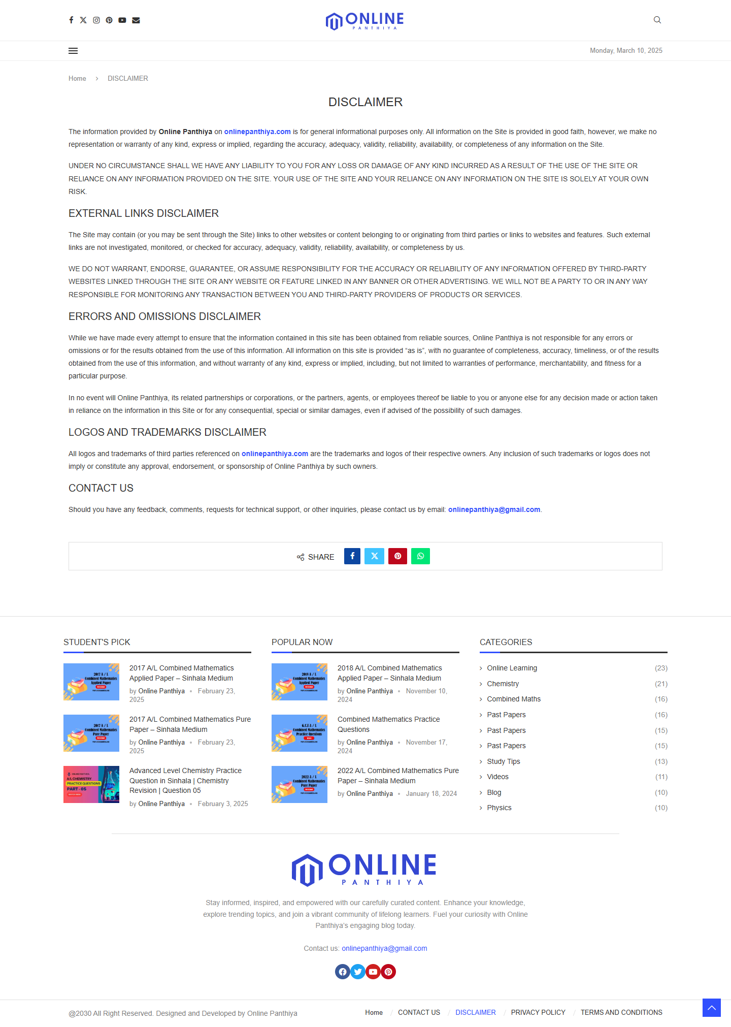 OnlinePanthiya Disclaimer Page